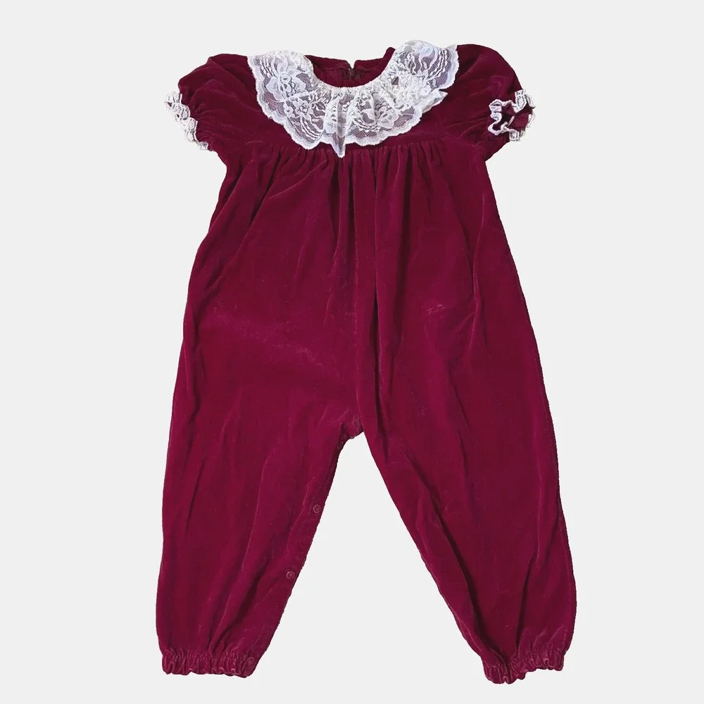 VGT Good Lad Girls 4T Red Velvet Lace Ruffled‎ Yolk Jumper Romper Jumpsuit